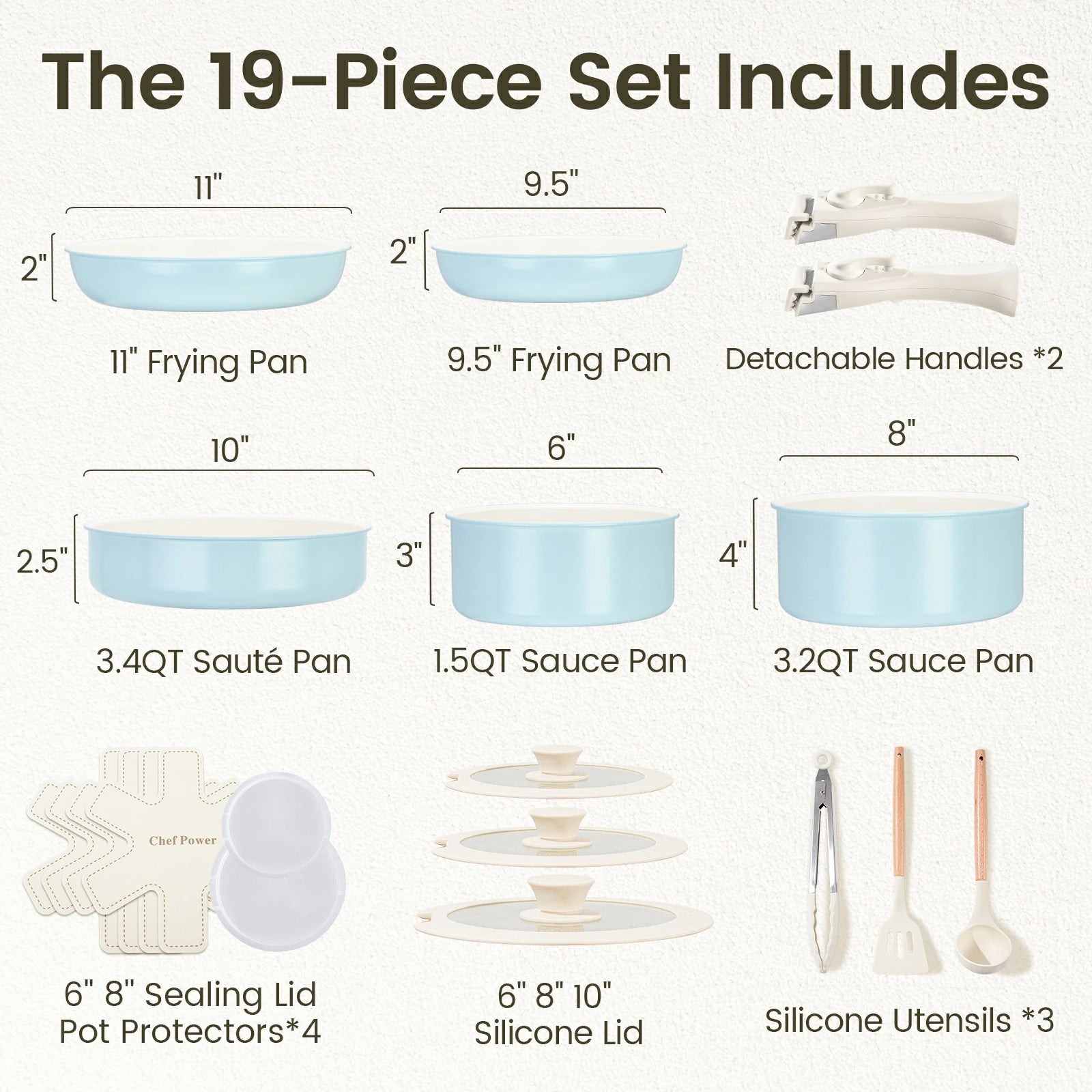 chef power nonstick nontoxic cookware set 19pcs light blue pots and pans with clip handles includes